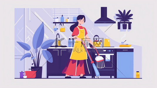 厨房柜子插画图片_打扫厨房的人物插画21