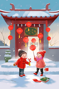 拿灯笼的小孩插画图片_新年可爱孩子插画门厅外玩耍手绘