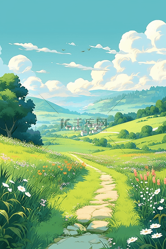 绿草植物春天蓝天手绘插画海报