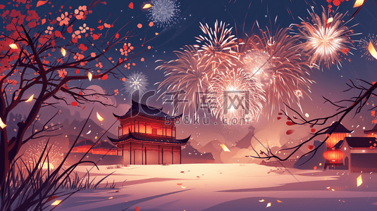 新年树枝插画图片_新年烟花炫酷插画9