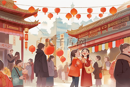 繁华热闹插画图片_新年繁华插画热闹的街道手绘