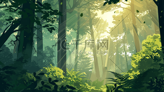 手绘绿色森林风景插画3
