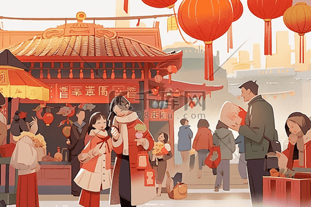 繁华热闹插画图片_繁华热闹的街道新年手绘插画