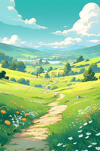 周杰伦双截棍高清图片素材_手绘春天绿草植物蓝天插画海报