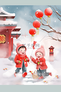 拿灯笼的小孩插画图片_可爱孩子门厅外玩耍手绘插画新年