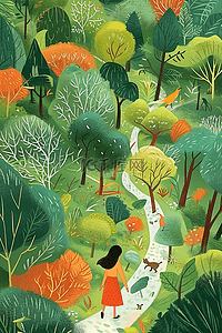 动物在森林卡通插画图片_春天绿色植物手绘插画海报油画