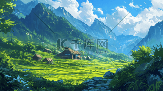 彩色手绘乡村大山自然风景插画4