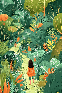 动物在森林的卡通插画图片_春天绿色油画植物手绘插画海报