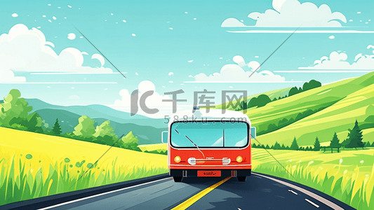 山路插画图片_田野山路公交车风景插画