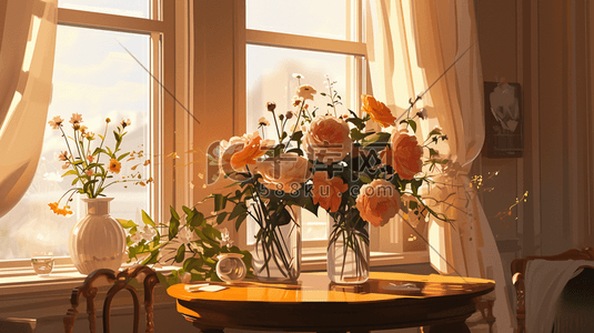 清新水彩花卉插画图片_水彩春季窗台摆放的花卉盆栽的插画11