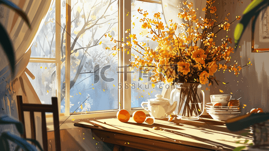 水彩春季窗台摆放的花卉盆栽的插画18