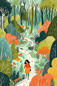 动物在森林的卡通插画图片_春天绿色植物手绘插画油画海报