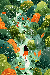 动物在森林的卡通插画图片_春天绿色手绘植物油画插画海报