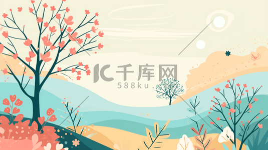 手绘卡通春季山坡树木花丛插画5