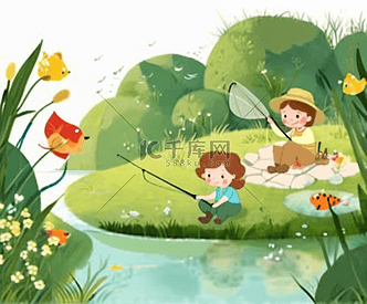 绿色湖边钓鱼卡通儿童郊外自然图片