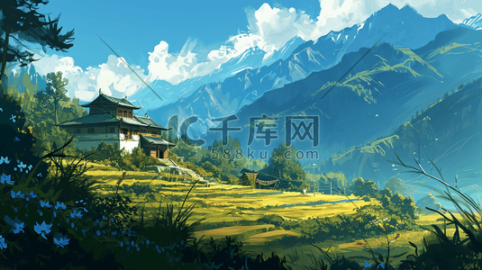 大山蓝天插画图片_彩色手绘乡村大山自然风景插画12