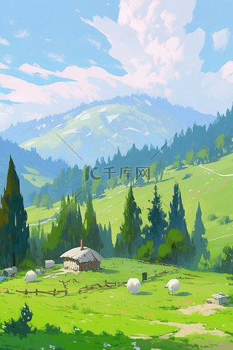 风景油画青山春天绿树手绘插画