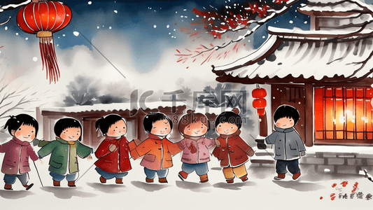 过年啦插画图片_新年场景玩耍的孩子们插画