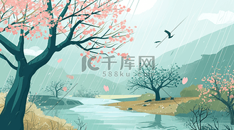 手绘公园河面树木下雨意境的插画18