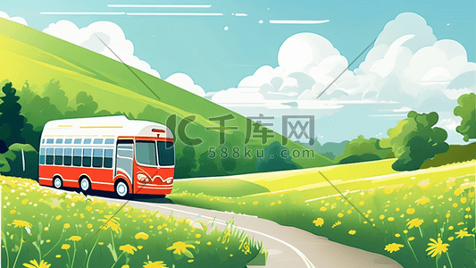 田野山路公交车风景插画