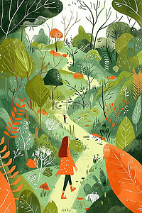 动物在森林卡通插画图片_春天绿色植物手绘油画插画海报