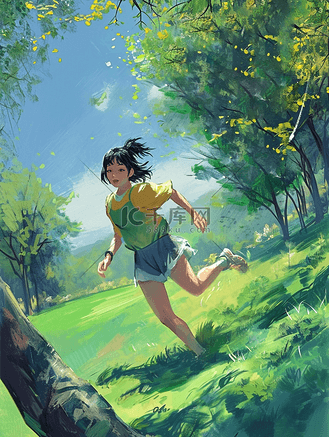 手绘绿色森林里女孩自由跑步的插画14