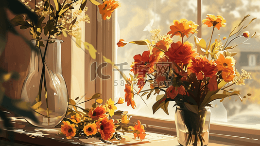 水彩春季窗台摆放的花卉盆栽的插画1