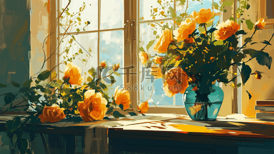 水彩春季窗台摆放的花卉盆栽的插画4