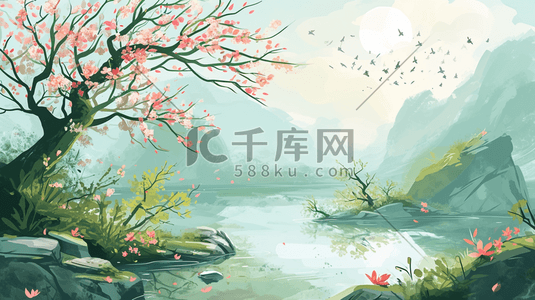 手绘彩色春季山水树枝插画9