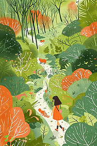 动物在森林卡通插画图片_手绘春天绿色植物油画插画海报