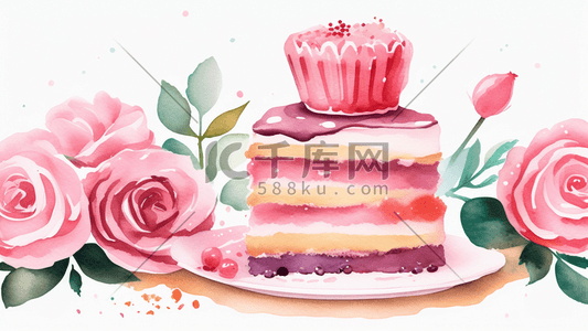 手绘蛋糕粉色花盘子美食食物素材