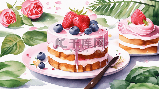 手绘蛋糕粉色花盘子美食食物插画海报