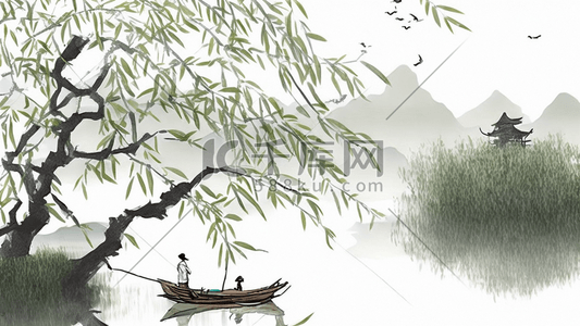 树湖船山水水墨画春天原创插画