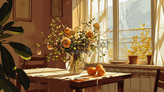 水彩春季窗台摆放的花卉盆栽的插画78