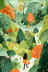 动物在森林的卡通插画图片_插画春天绿色植物油画手绘海报