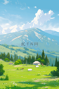 风景油画春天青山绿树手绘插画