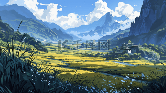 彩色手绘乡村大山自然风景插画8