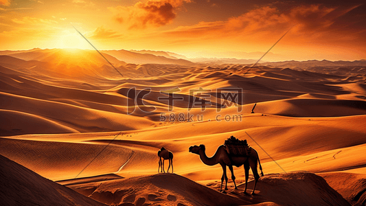 丝绸之路骆驼沙漠落日夕阳原创插画