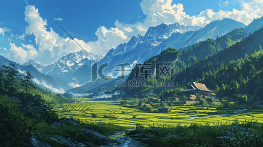 彩色手绘乡村大山自然风景插画5