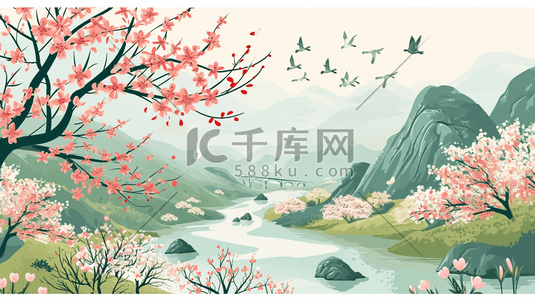 手绘彩色春季山水树枝插画2