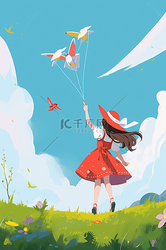 手绘放风筝女孩图片素材_春天可爱女孩手绘放风筝插画