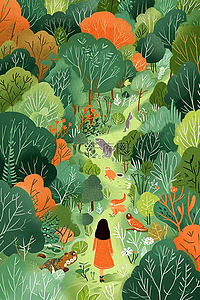 动物在自然中的插画图片_春天绿色植物油画插画手绘海报