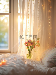浪漫的卧室白色窗帘插画素材