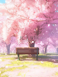 浪漫长椅插画图片_浪漫樱花树下长椅素材