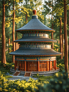 绿色中国风传统古典建筑风景插画4