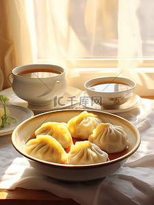 桌子上的饺子美食插画海报