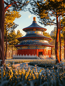 绿色传统中国风插画图片_绿色中国风传统古典建筑风景插画10