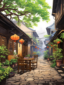 江南古镇的小巷子插画设计