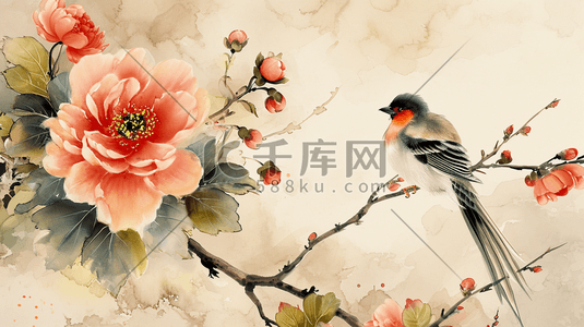 中国风花朵水墨插画图片_彩色水墨中国风花鸟插画2