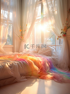 白色床插画图片_浪漫的卧室白色窗帘插画